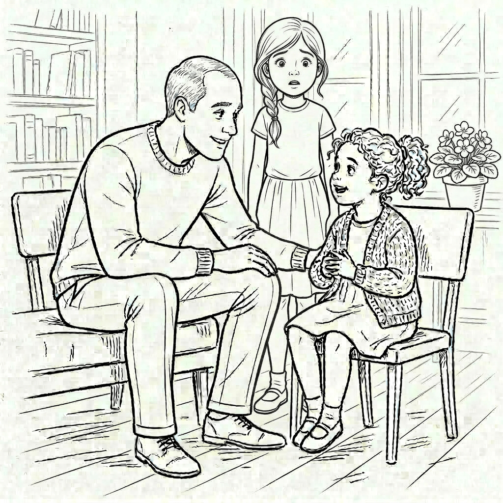 Man sitting on couch talking with a young girl sitting on a chair. Another girl stands in the background, looking aghast.
