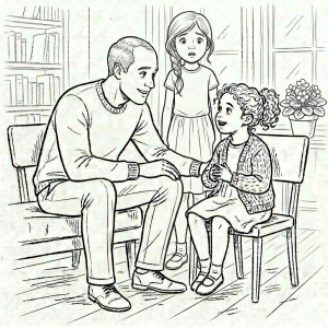 Man sitting on couch talking with a young girl sitting on a chair. Another girl stands in the background, looking aghast. 