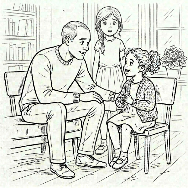 Man sitting on couch talking with a young girl sitting on a chair. Another girl stands in the background, looking aghast.